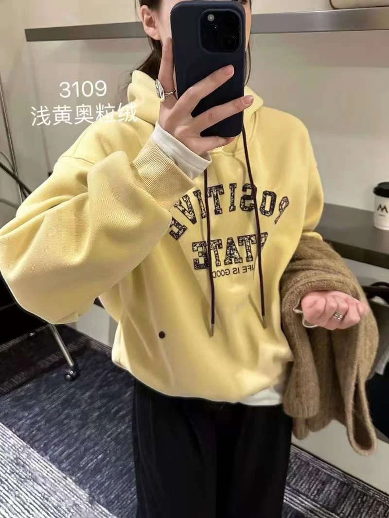 阿婷家3109【奥粒绒 】减龄时尚印花宽松连帽加绒韩版秋冬卫衣