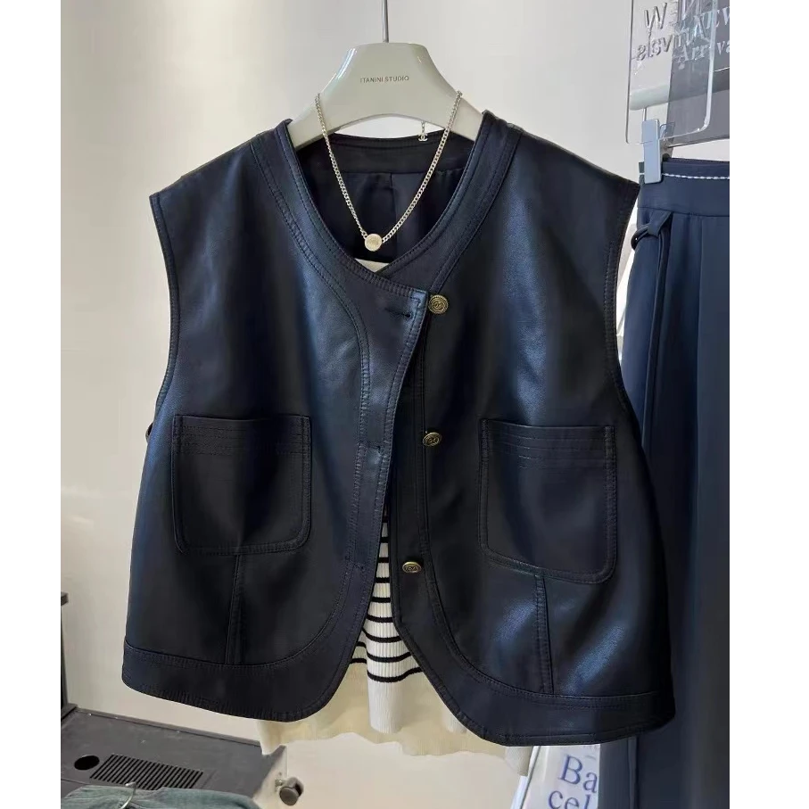 阿婷家8087【流行风】韩系穿搭无袖机车皮pu背心马甲