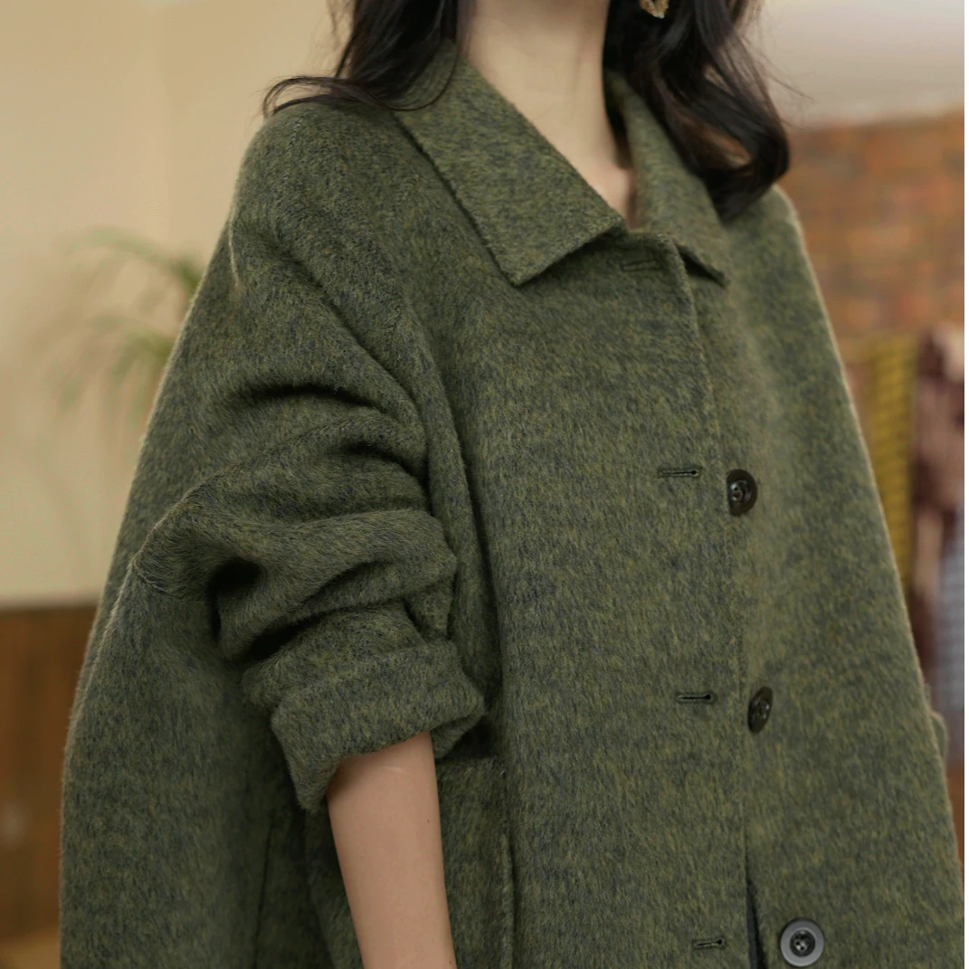 【大莓子888】欧版立体3D大口袋宽松时尚长款棉羊毛大衣