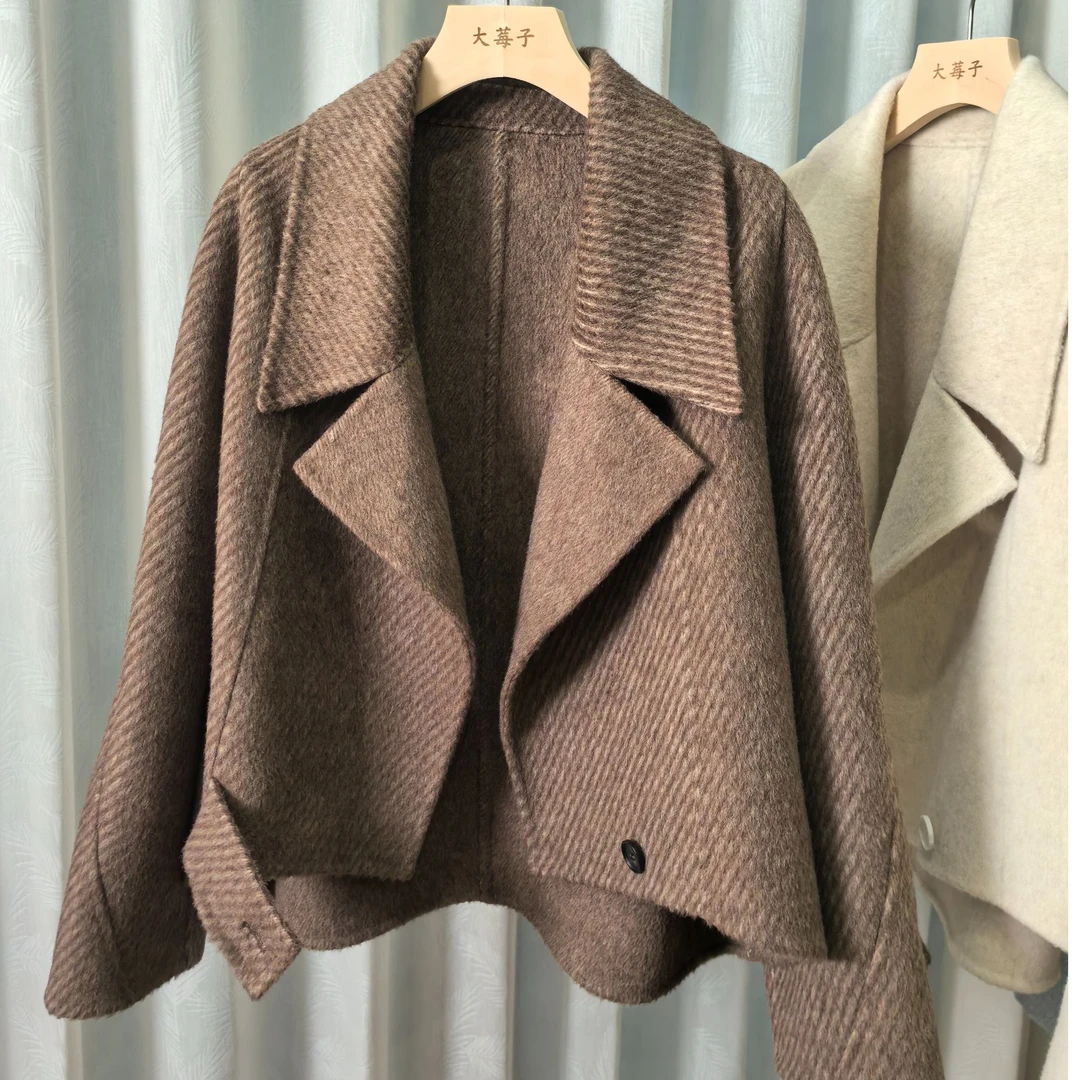 【K103】秋冬新款时尚人字纹双面羊绒大衣女短款韩版双面羊毛呢大衣