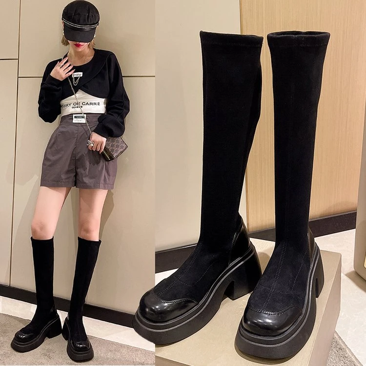 【优优专属】冬季时尚款厚底增高弹力靴女百搭休闲瘦瘦靴粗跟短靴潮