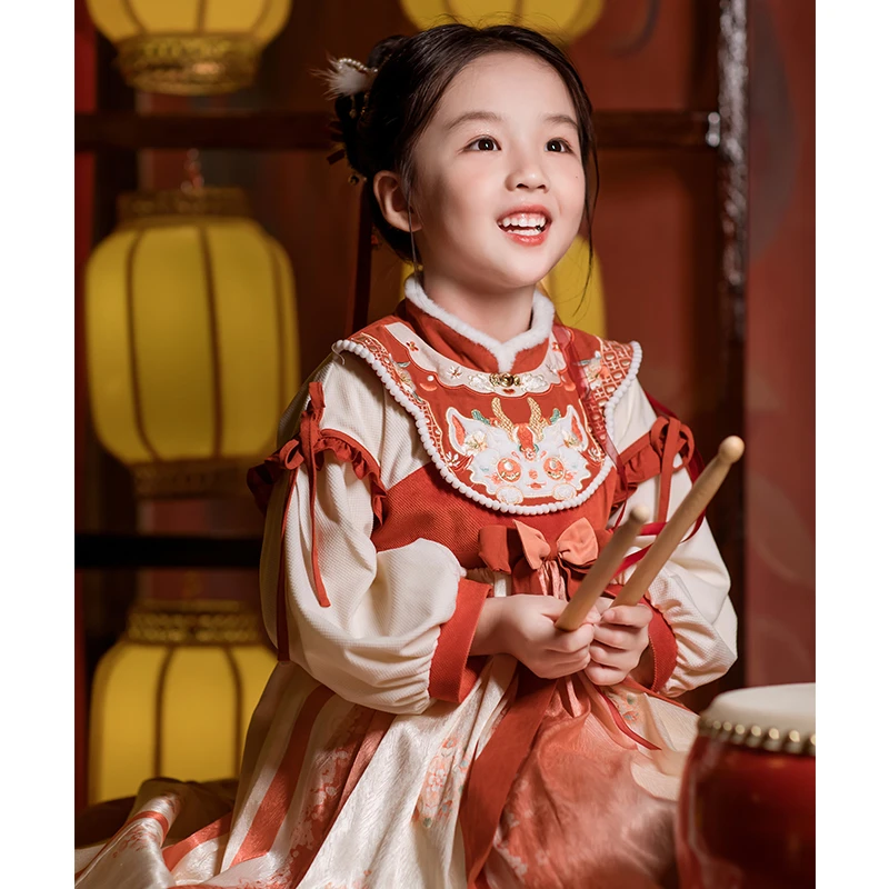 古月家.锦安 汉服女童秋冬季加绒连衣裙儿童中国风宝宝过年拜年服