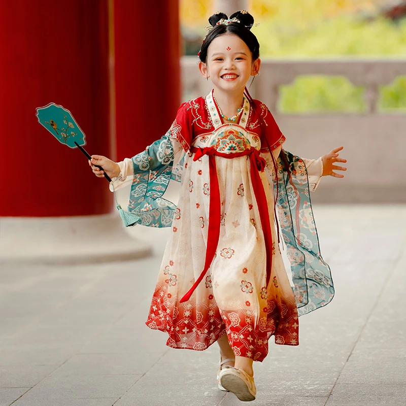 古月家.朱颜 汉服女童春秋款儿童古风亲子装襦裙中国风敦煌表演服