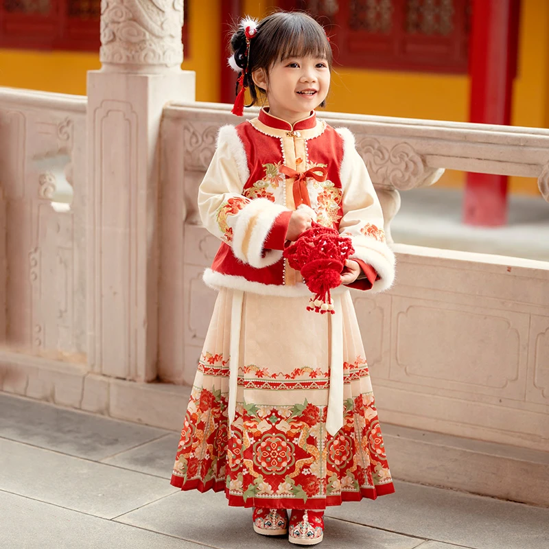 古月家.游龙 汉服女童冬季加绒加厚红色喜庆拜年服宝宝马面裙套装