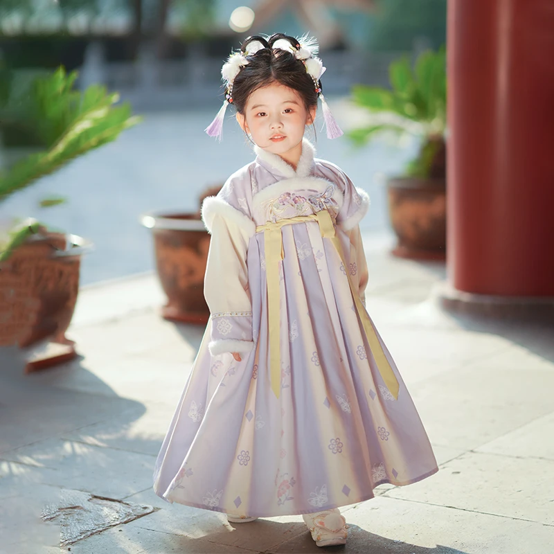 古月家.紫苏 汉服女童冬款儿童古装加绒公主连衣裙宝宝国风拜年服
