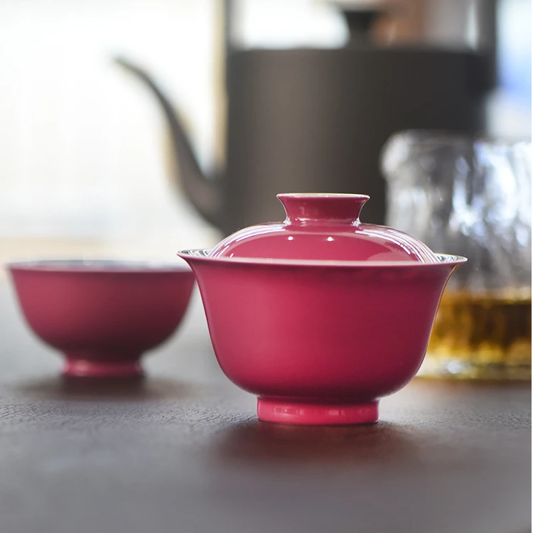 景德镇高端胭脂红盖碗纯手工手绘青花两才盖碗女神专属茶器泡茶碗