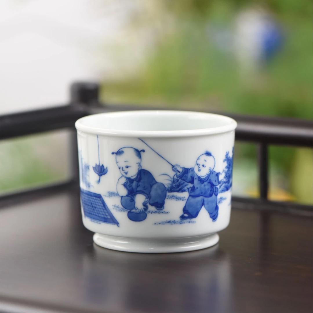 景德镇高端陶瓷主人杯纯手工茶器手绘青花童趣杯直筒杯大号品茗杯