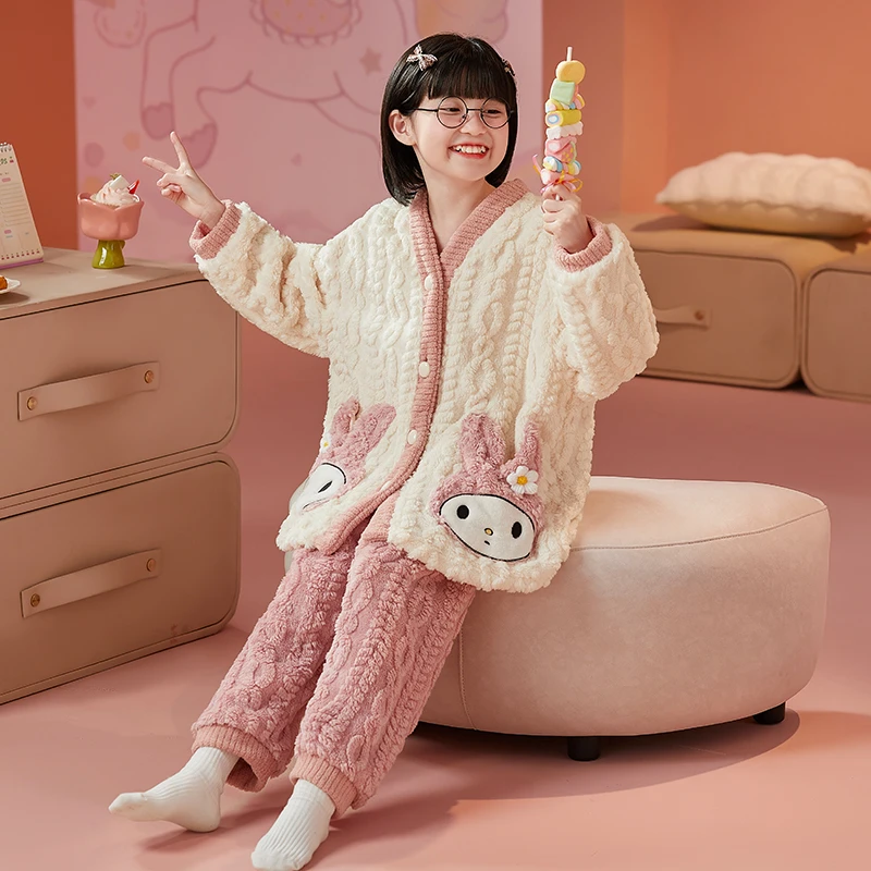 bejirog/北极绒秋冬季新款2025小女孩珊瑚绒保暖可外穿睡衣套装