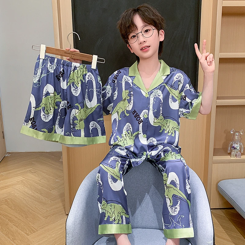 bejirog/北极绒小男孩夏季短袖薄款冰雪丝卡通凉感居家睡衣三件套