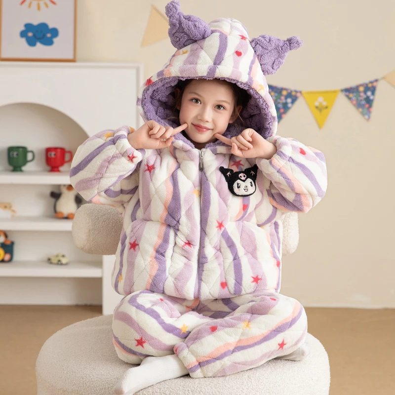 bejirog/北极绒加厚保暖女童法兰绒三层夹棉甜美风连帽睡衣两件套