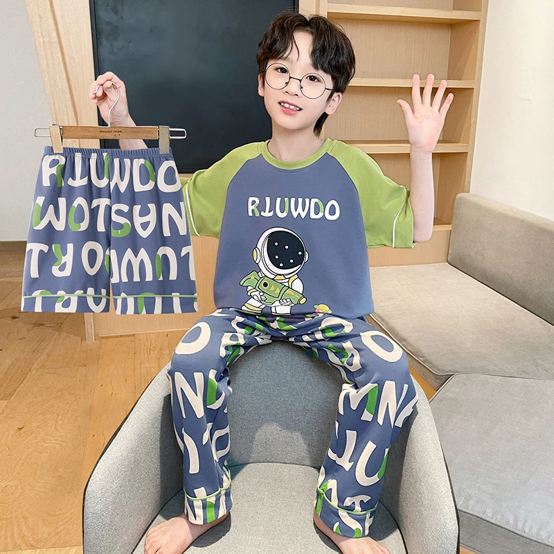 bejirog/北极绒男童夏季薄款短袖纯棉儿童休闲洋气居家睡衣三件套