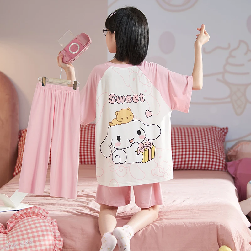 bejirog/北极绒儿童款睡衣小女孩短袖圆领莫代尔卡通家居服三件套