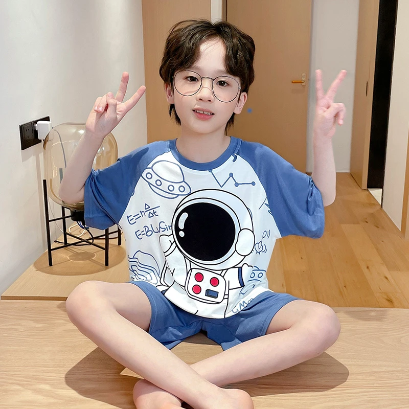 bejirog/北极绒小男孩短袖莫代尔睡衣套装夏季薄款中大童家居服
