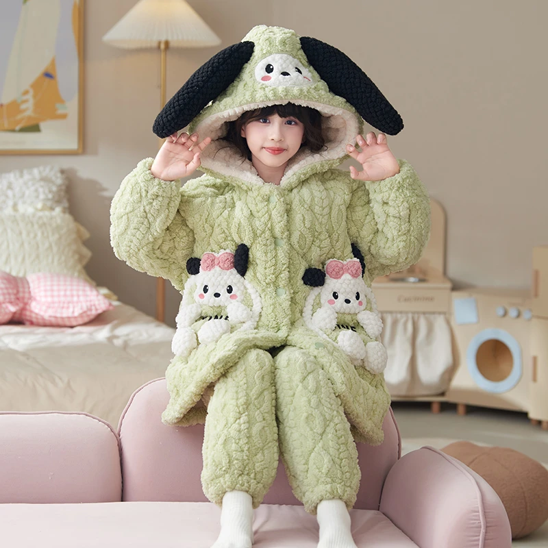 bejirog/北极绒长袖连帽款珊瑚绒三层夹棉女孩卡通可爱风睡袍套装