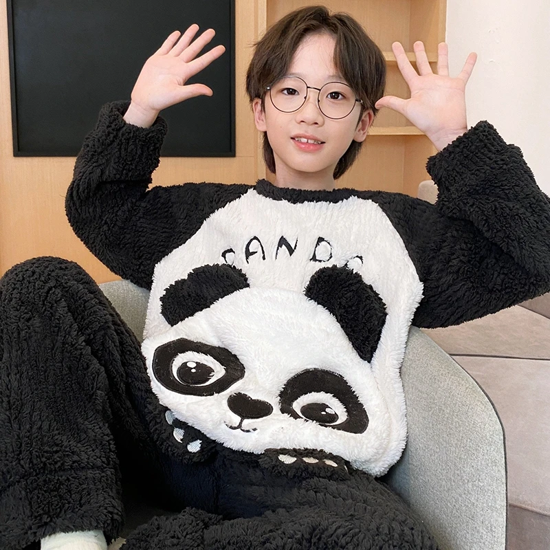 bejirog/北极绒卡通简约款小男孩秋冬季珊瑚绒保暖舒适睡衣两件套