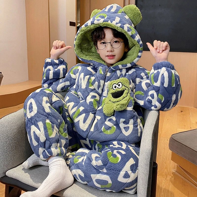 bejirog/北极绒中大童冬季新款三层夹棉男童法兰绒卡通连帽睡衣