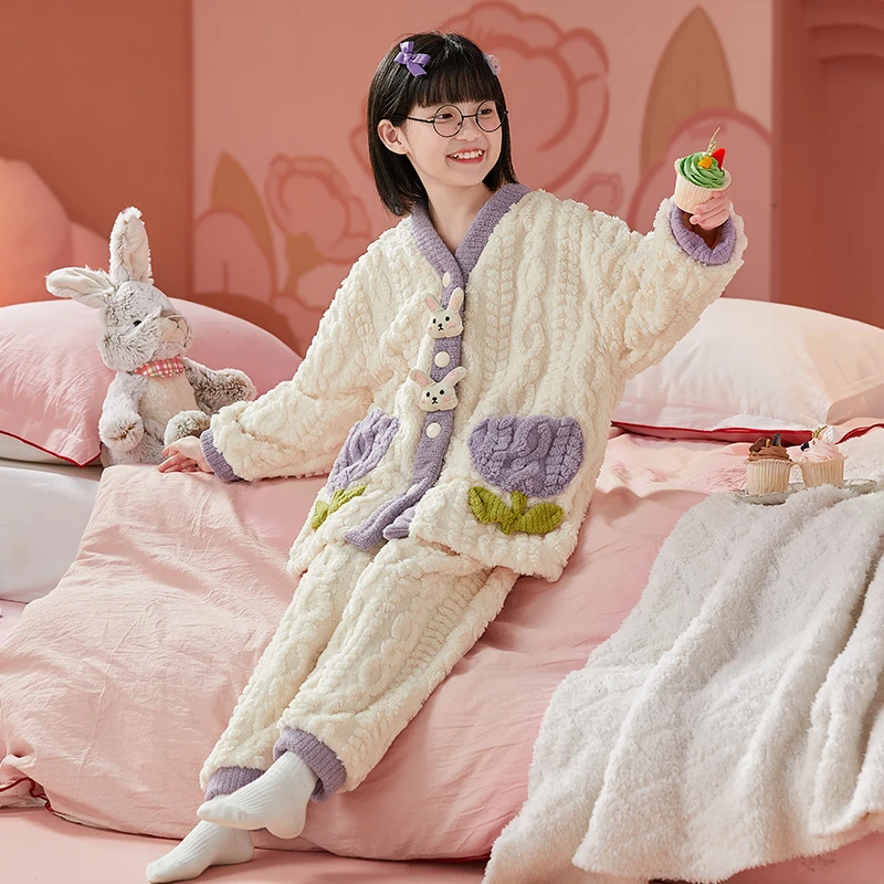 bejirog/北极绒冬季小女孩加绒加厚时尚保暖女童珊瑚绒睡衣套装