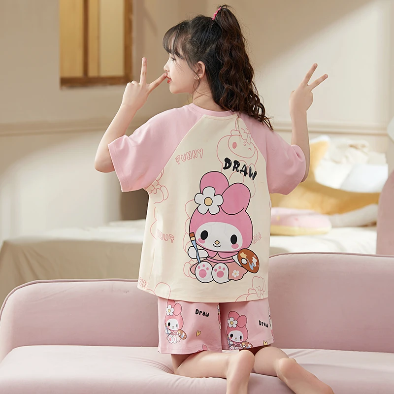 bejirog/北极绒女童中小童夏季薄款短袖纯棉卡通甜美风睡衣两件套