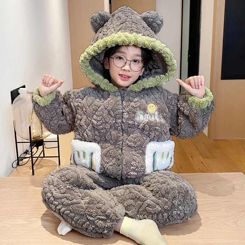 bejirog/北极绒时尚休闲可外穿珊瑚绒三层夹棉男童冬季睡衣两件套