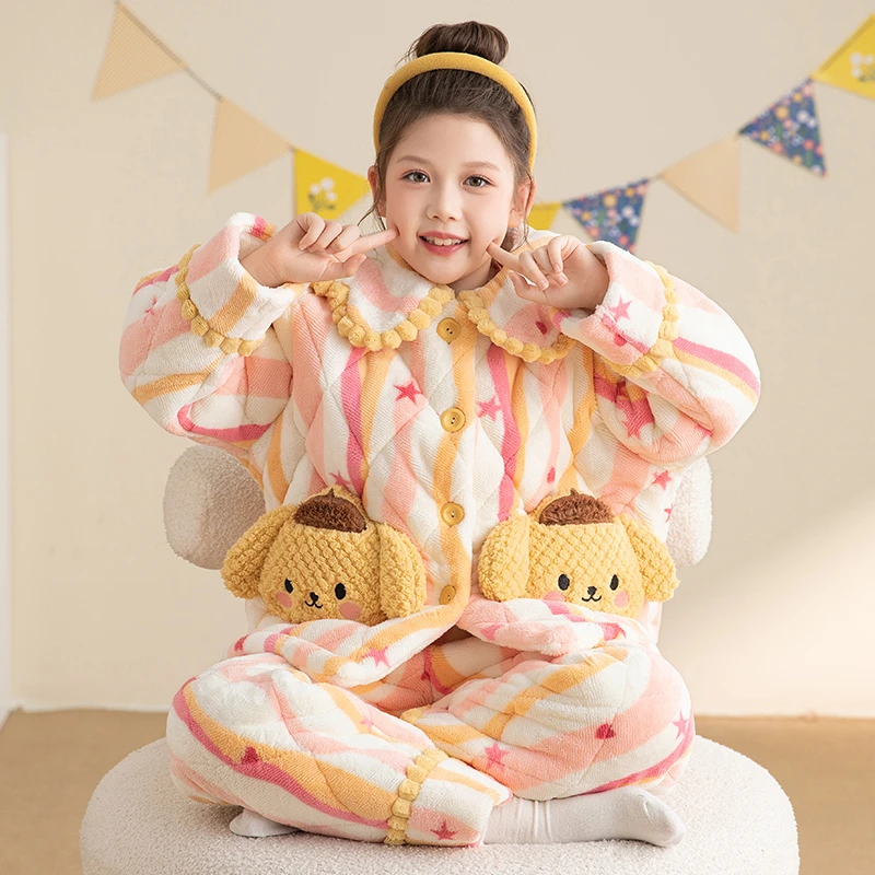 bejirog/北极绒女童冬季法兰绒三层夹棉中大童睡衣长袖长裤保暖