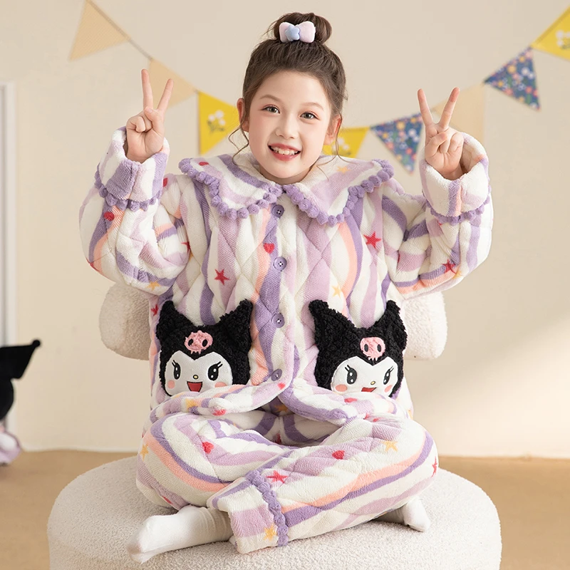 bejirog/北极绒法兰绒三层夹棉加绒加厚保暖睡衣女童冬季中大童