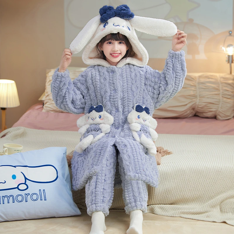 bejirog/北极绒长袖开衫款女童加厚保暖珊瑚绒亲子连帽睡袍两件套