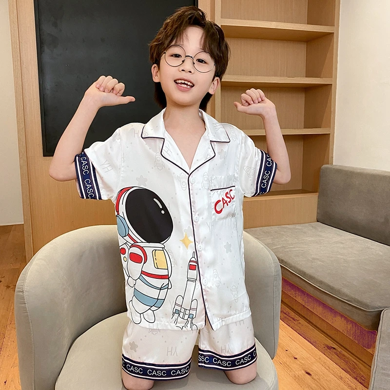 bejirog/北极绒夏季薄款冰雪丝短袖卡通睡衣套装中大童家居服男