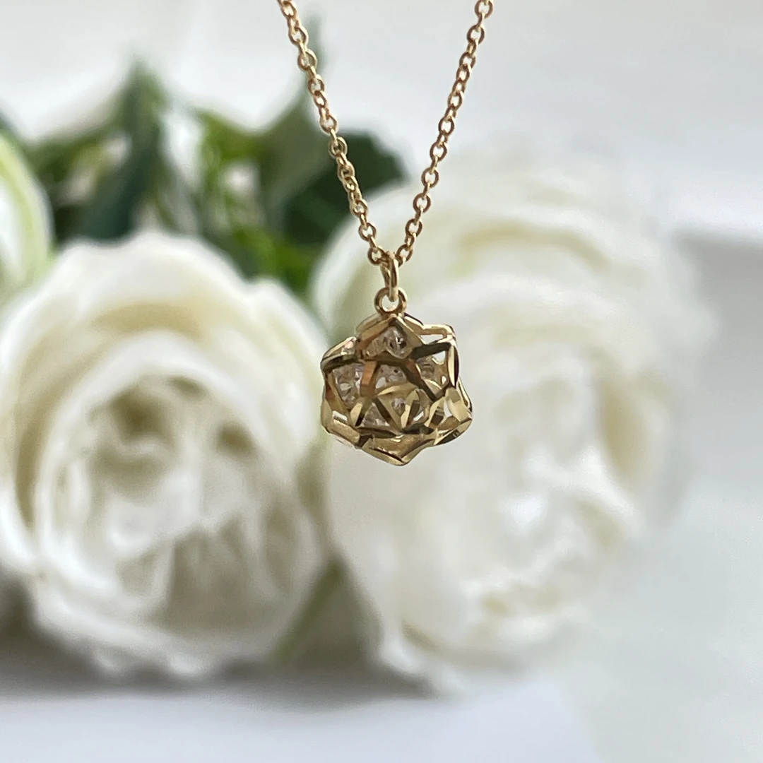 坠链均925银 时尚玫瑰山茶花项链  轻奢百搭简约金色素款小众双面