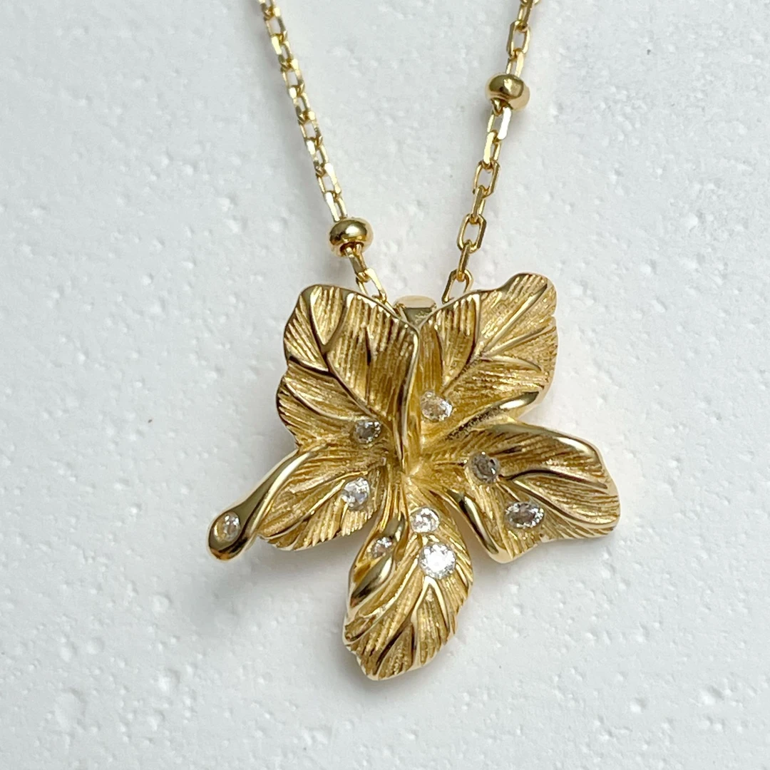 坠链均925银 通体纯银电镀18K金花朵项链手工时尚复古金色精美链