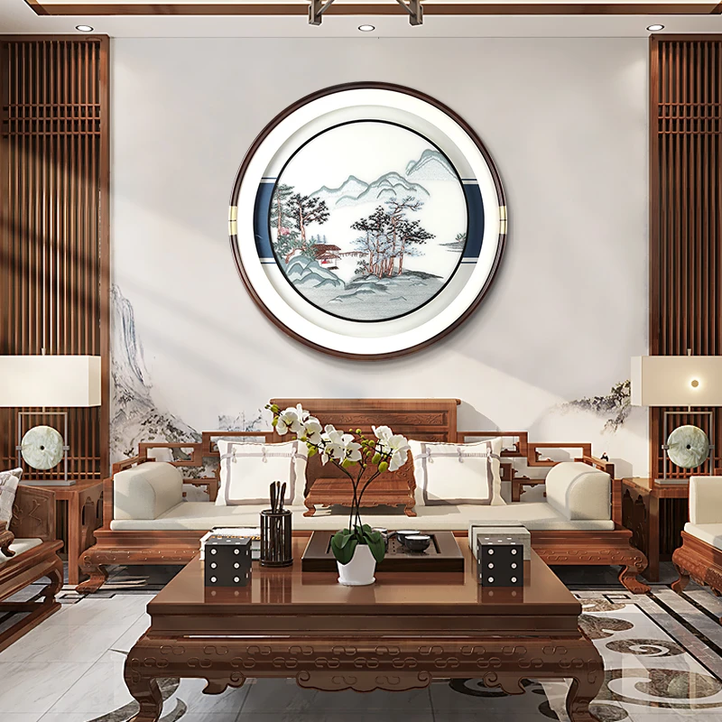 新中式圆形玄关装饰画高档刺绣山水画走廊过道挂画苏绣玄关柜壁画