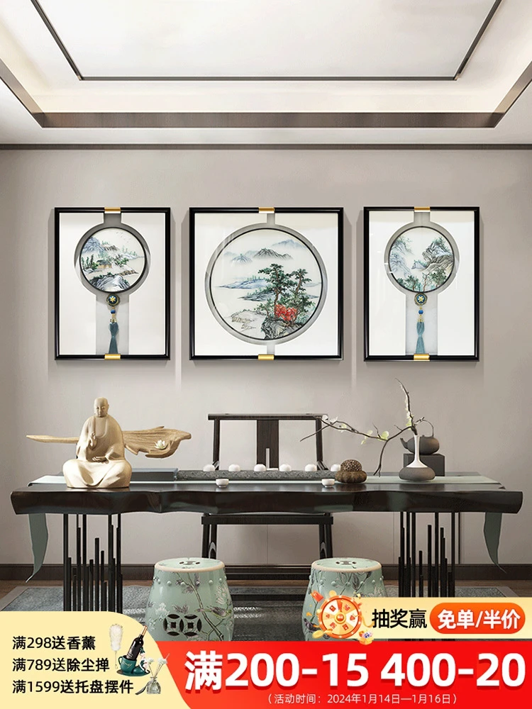 新中式刺绣装饰画高级感立体实物画办公室画别墅级沙发背景墙挂画
