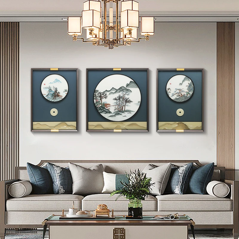 2024新款刺绣客厅装饰画高端苏绣沙发背景墙挂画山水三联装饰壁画