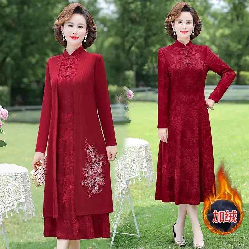 喜冬季装加绒婚宴婆婆加厚礼服妈妈秋冬装高贵连衣裙加大码两件套