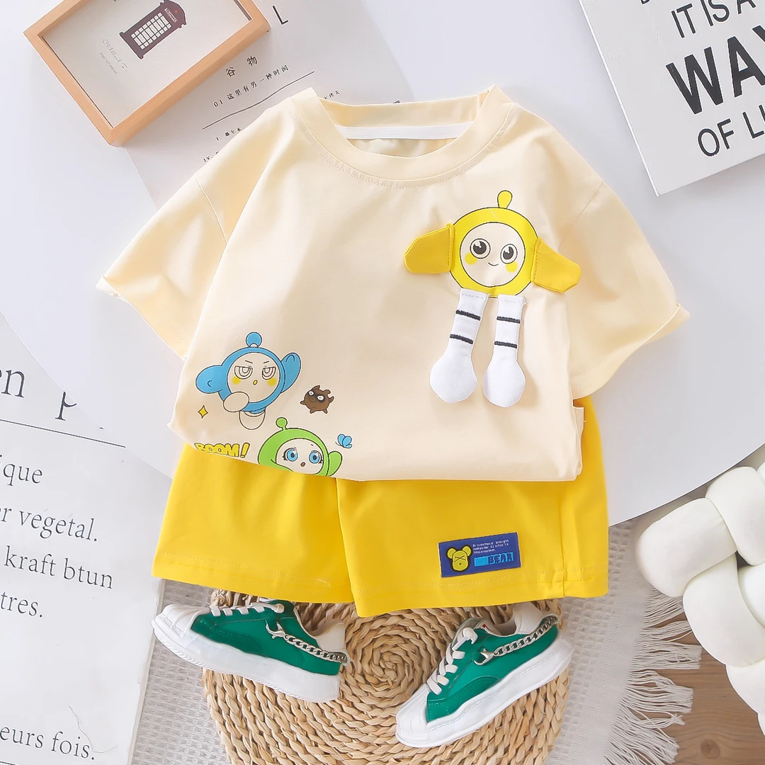【棵棵猫】夏季新款休闲帅气卡通小蛋仔套装洋气婴儿两件套潮薄款