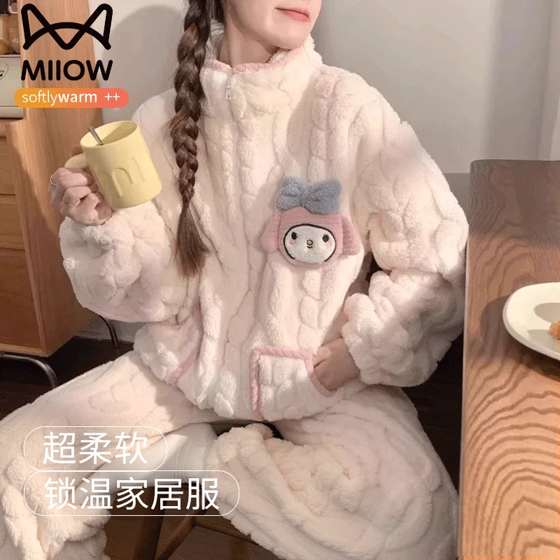 猫人经典珊瑚绒睡衣女冬季加绒加厚套装2024新款法兰绒卡通家居服