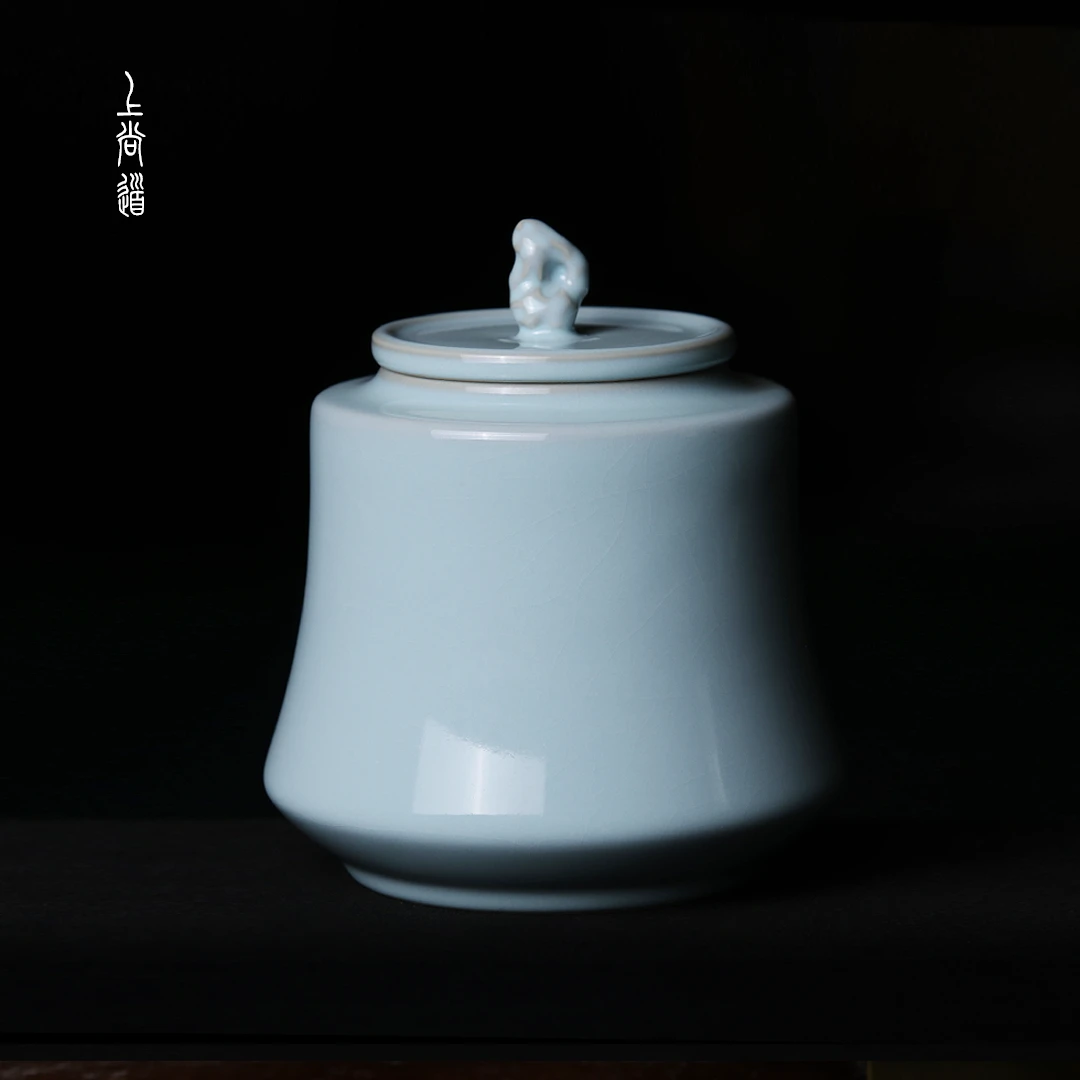 上尚道 汝窑大茶叶罐20cm原矿天青色开片手工茶罐茶室标配大容量