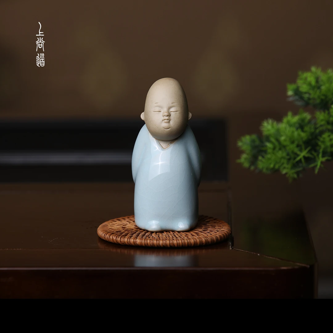 上尚道 悟道小和尚茶宠摆件 汝州原矿天青釉汝瓷中式汝窑小摆件