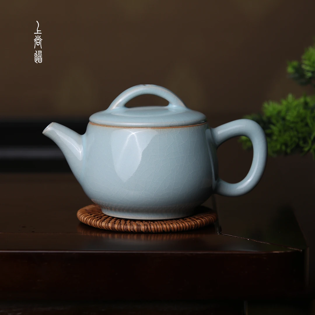 上尚道 汝窑中式汉瓦壶260ml大师全手原矿天青玛瑙汝瓷茶壶赵运圈