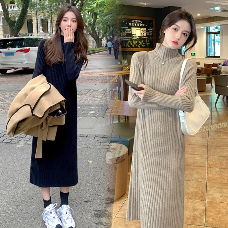 韩版秋冬中长款针织孕妇长裙女显瘦半高领打底孕期连衣裙毛衣加厚