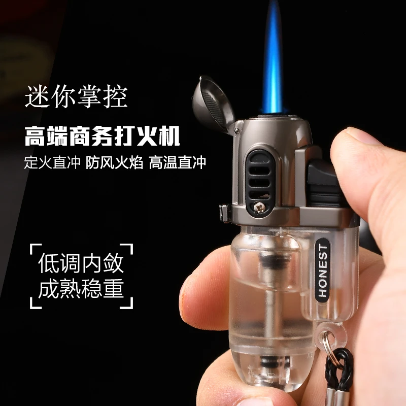 HONEST/百诚 银壶迷你小喷枪打火机蓝焰直冲加气打火机按压点烟器