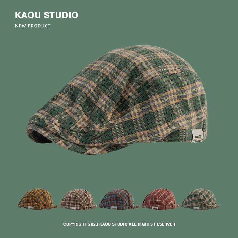 日系复古格纹反戴前进帽女潮牌时尚贝雷帽男士街头嘻哈亲子画家帽