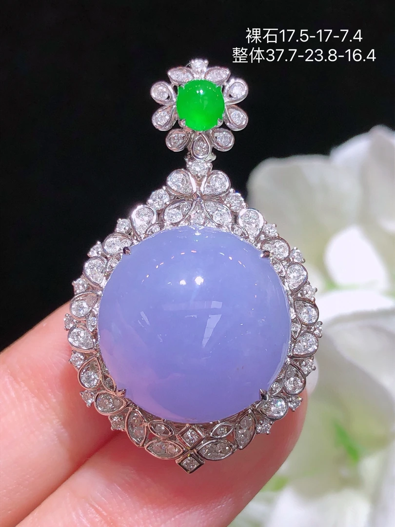 天然缅料翡翠A货紫罗兰蛋面吊坠18k金镶钻