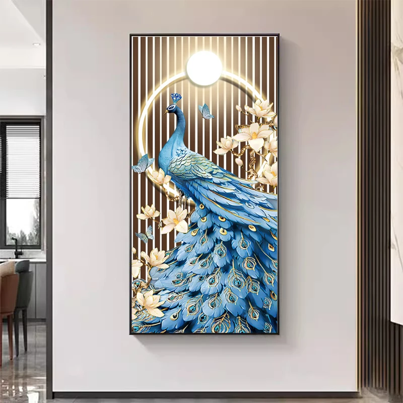 玄关孔雀梅花立体高端晶瓷镶钻装饰画过道入户走廊客厅挂画竖版