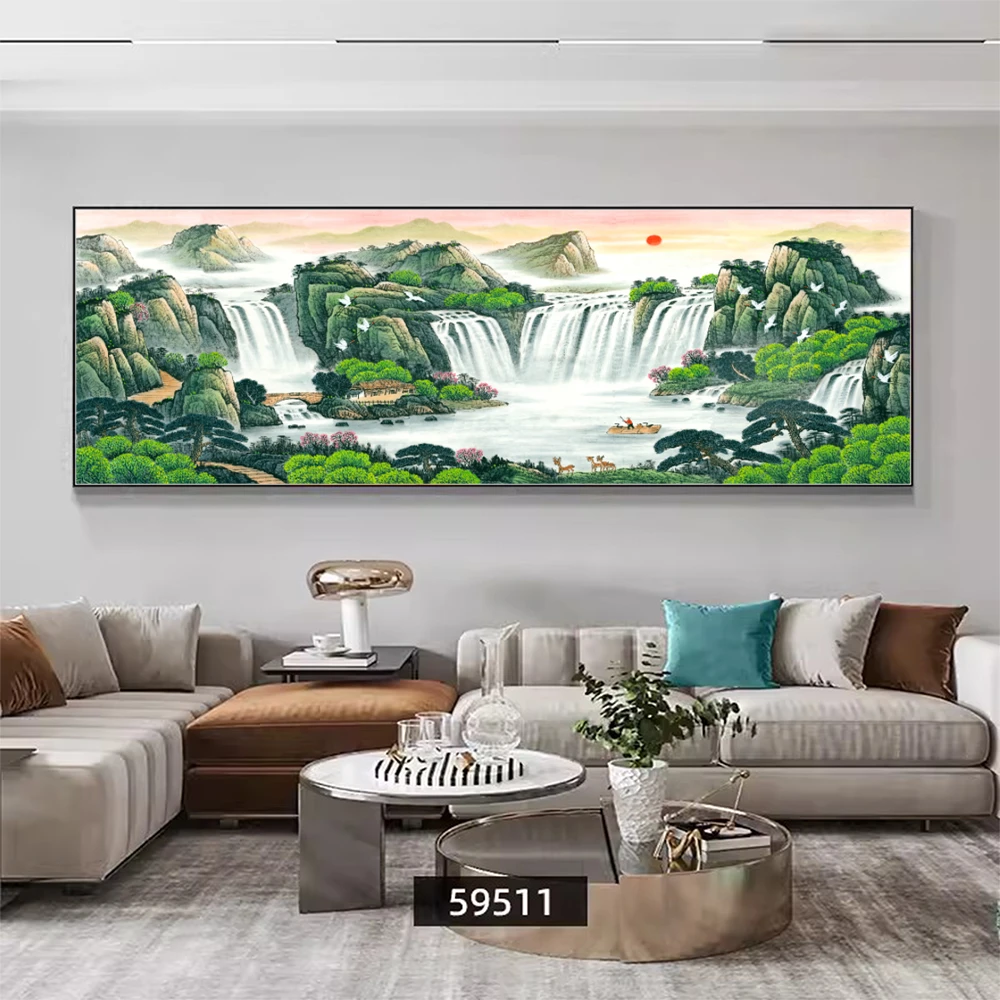 客厅灯光装饰画聚宝盆山水画沙发背景挂画晶瓷装饰画轻奢手工镶钻