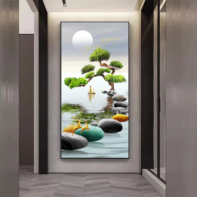 入门玄关迎客松新中式风景画走道背景墙装饰画晶瓷镶钻装饰画挂画