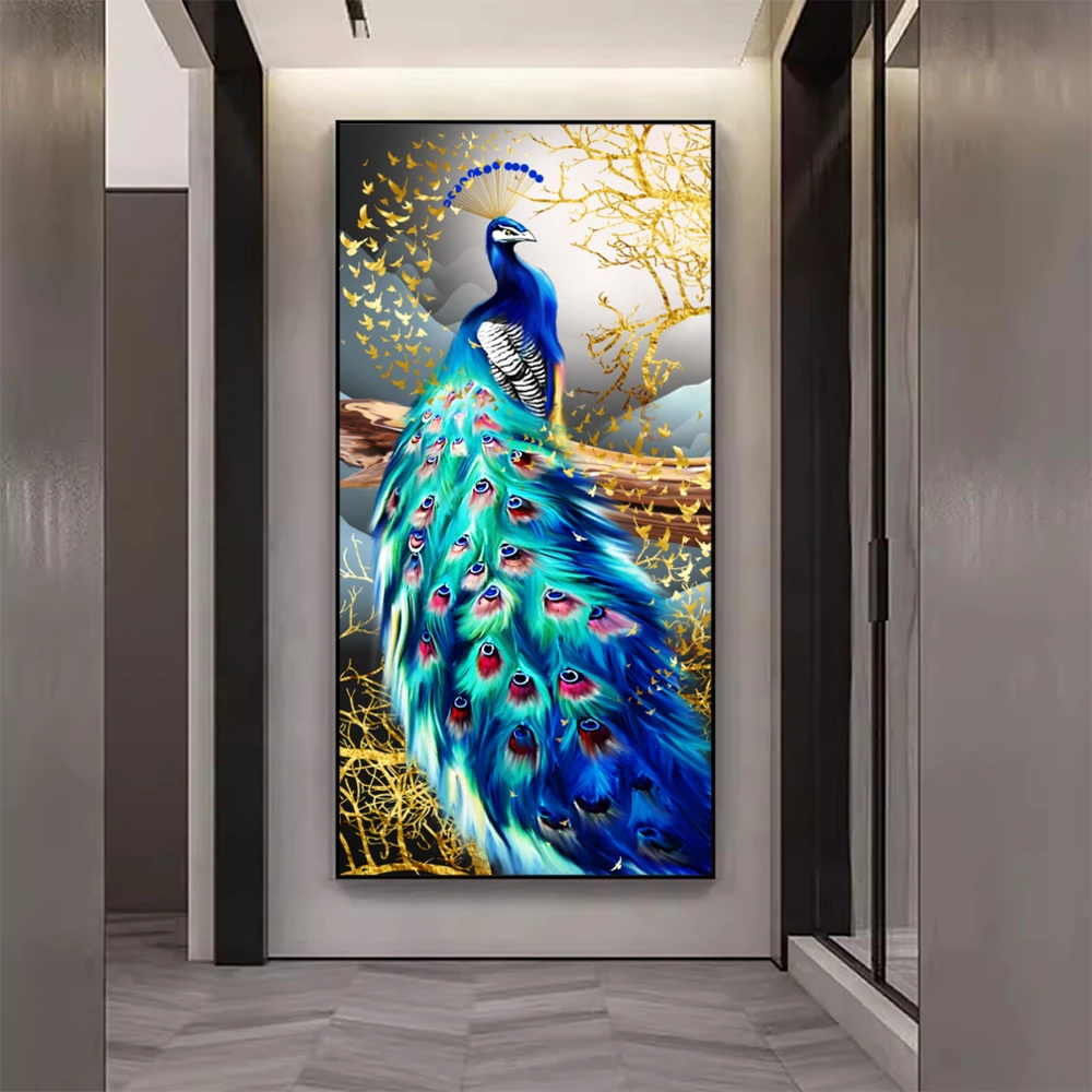 玄关孔雀时尚大气轻奢晶瓷镶钻装饰画客厅过道入户走廊竖版挂画