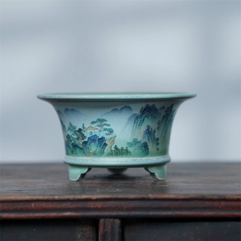 179 小号 秋物山绿釉底青绿山水盆 中国风绿植 景德镇陶瓷