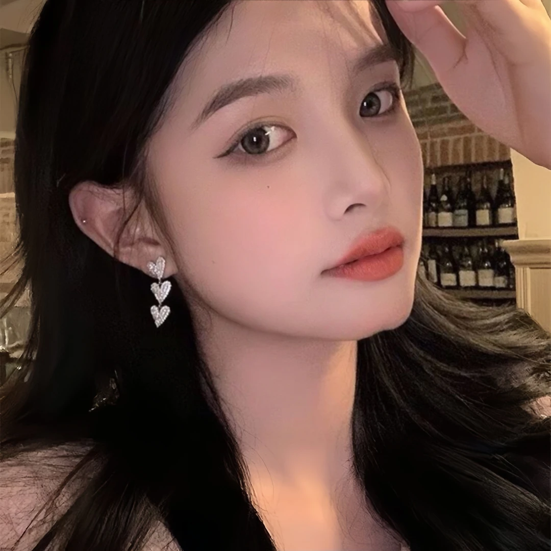 925银针耳饰 微镶爱心长款耳环女 小众设计