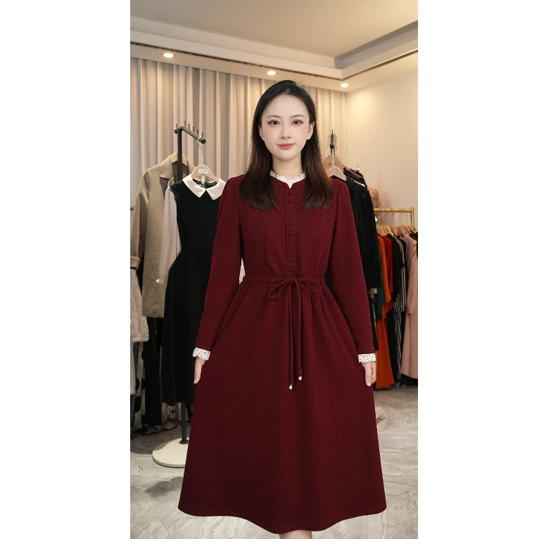 连衣裙女中长款气质显瘦2024新款时尚洋气收腰加厚秋冬裙子M720