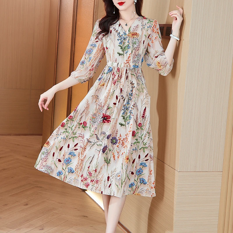 连衣裙女中长款气质显瘦2025新款时尚洋气收腰裙子J2489